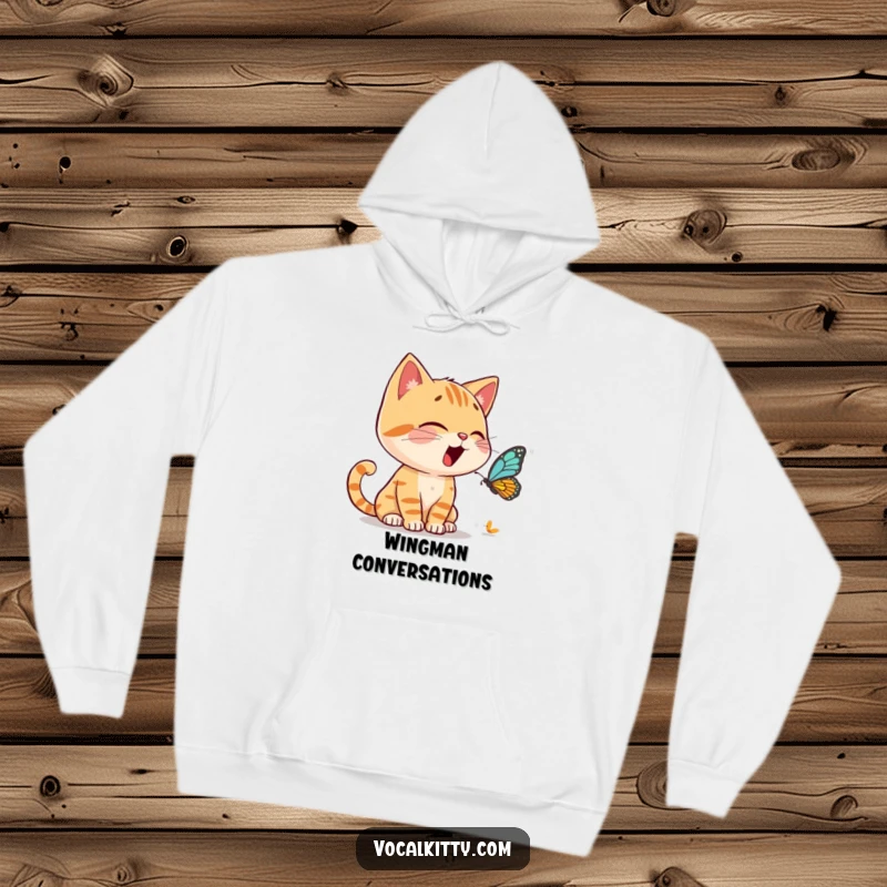 Funny Hoodie of a cat character having a loud, animated conversation with a tiny butterfly, perfect for imaginative minds.