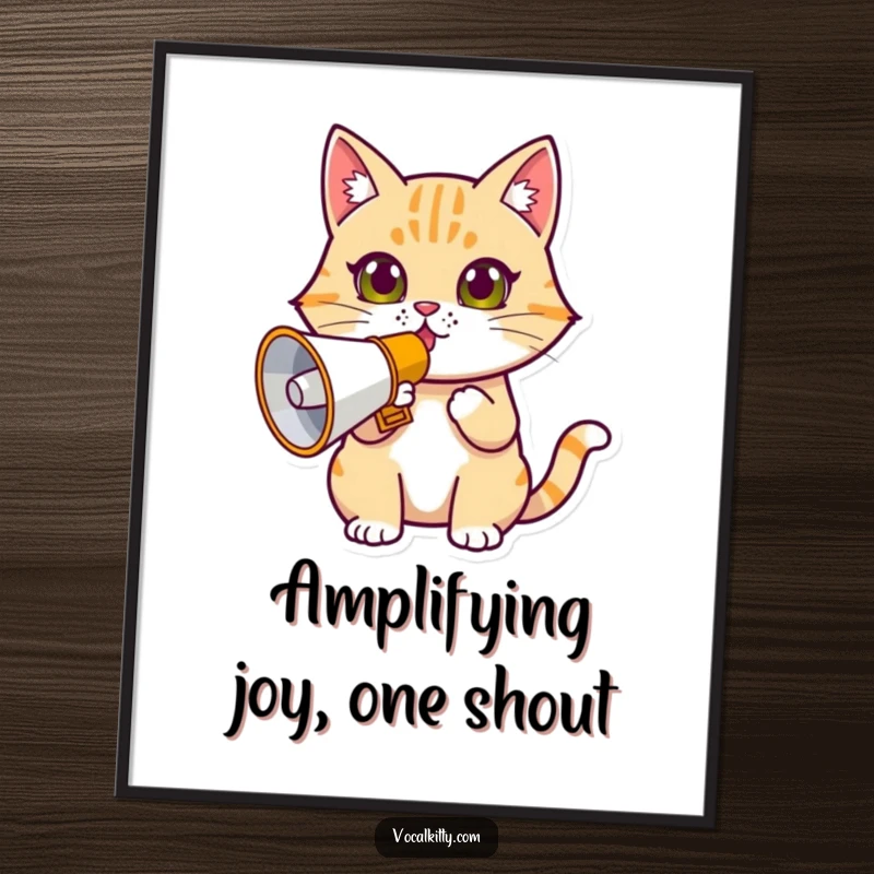 Funny Free Printable Wall Art: A cat gripping a megaphone, mouth open in a determined shout, ready to make a loud statement on your wall.