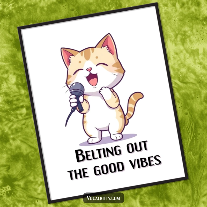 Funny Free Printable Wall Art: A cat dramatically holding a microphone, striking a pose as if singing karaoke, adding humor to decor.