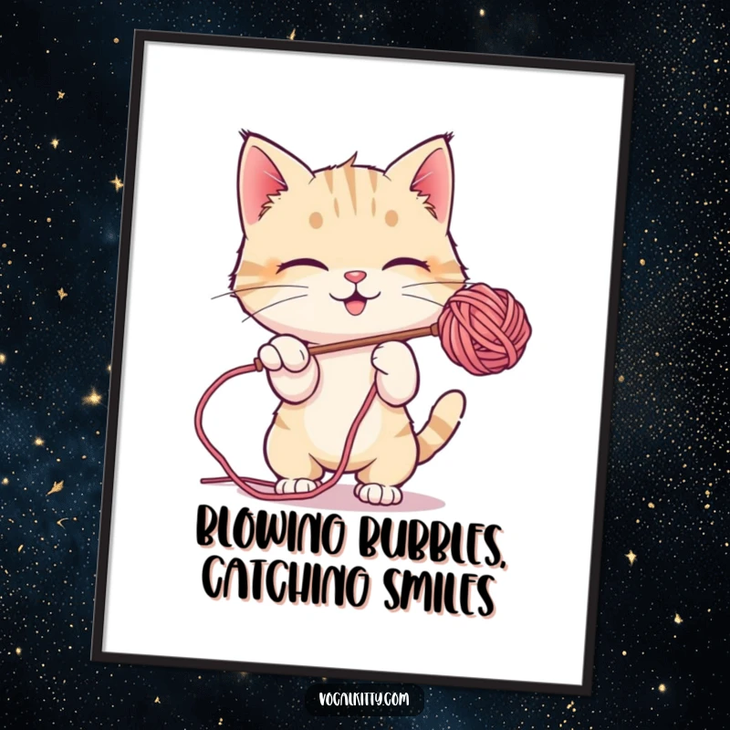 Funny Free Printable Wall Art: A cute cat playfully batting at a large, iridescent soap bubble floating gently.