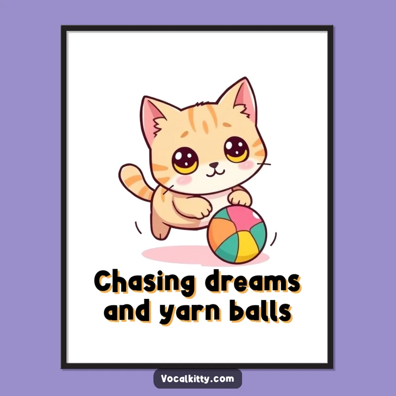 Free Printable Wall Art: Funny Cat Chasing Ball, Whimsical Downloadable Decor