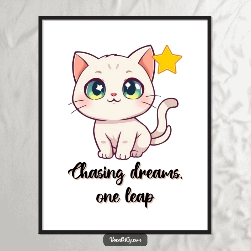 Funny Free Printable Wall Art: A delightful cat with wide, sparkling eyes chases a brilliant, shimmering star.