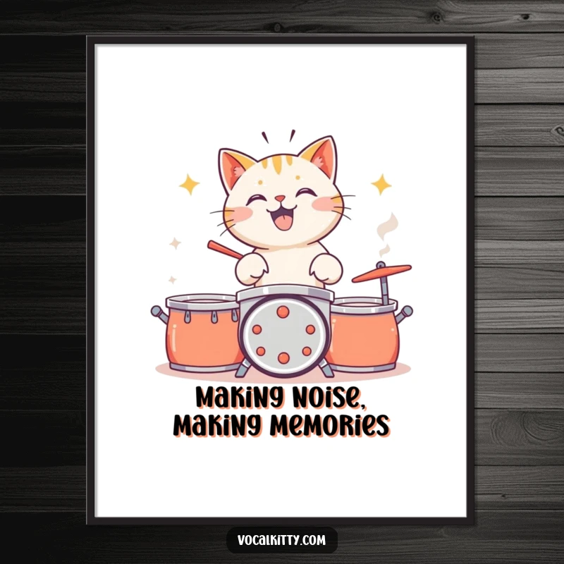 Funny Free Printable wall art depicting a cat enthusiastically drumming on pots and pans, capturing a moment of pure, joyful chaos.