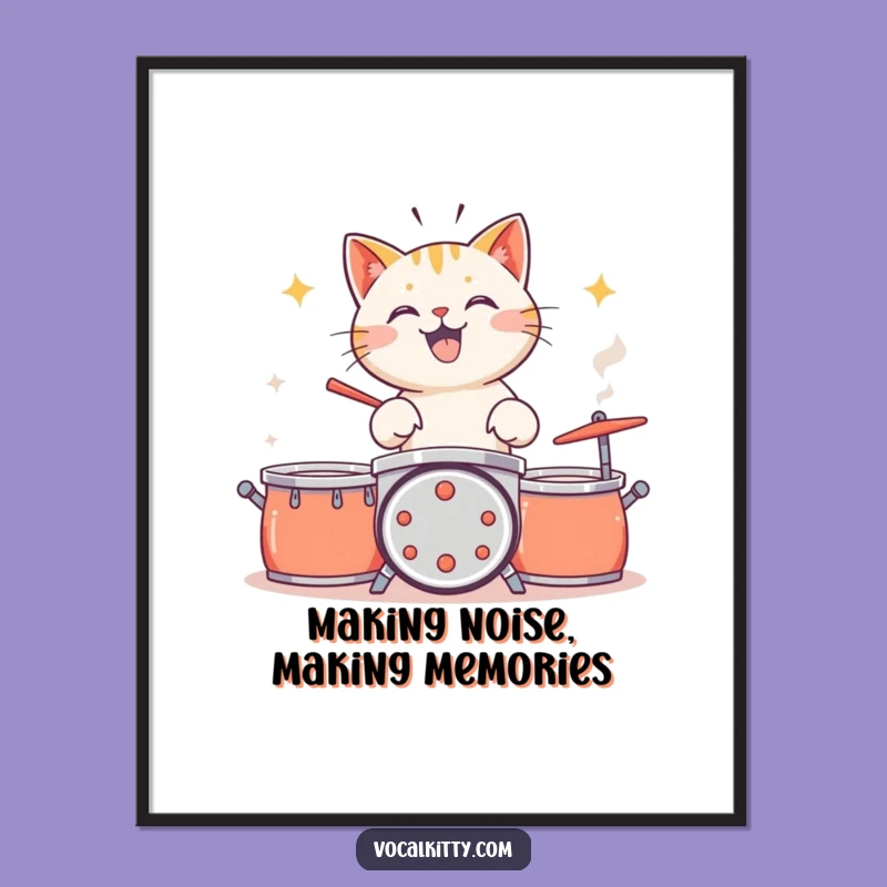 Free Printable Funny Cat Drummer Wall Art - Noise Maker Downloadable Decor