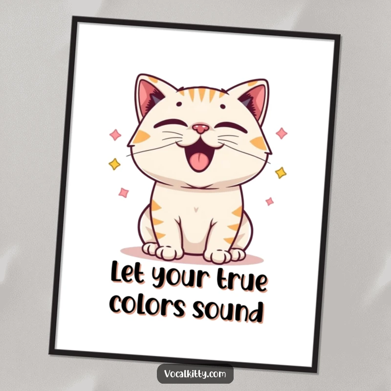 Free Printable Wall Art: A cat character with exaggerated vibrating vocal cords, emitting a happy sound, cheerful downloadable decor.