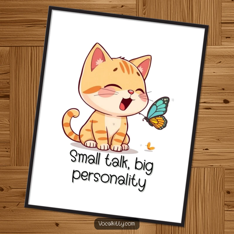 Funny Free Printable Wall Art: Cat animatedly having a loud conversation with a tiny butterfly, creating a charming scene.