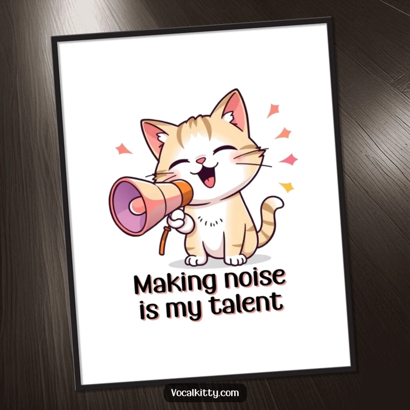 Funny Free Printable Wall Art: A cat energetically shouting through a megaphone, with colorful, abstract sound waves radiating outwards.