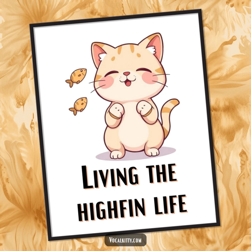 Funny Free Printable Wall Art depicting a talented cat masterfully juggling three small fish with its paws, a whimsical art piece.