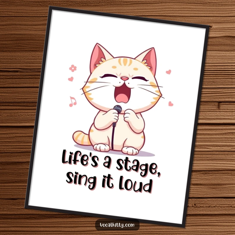Funny Free Printable Wall Art of a cat character performing opera with extreme dramatic flair and exaggerated gestures, perfect for decor.