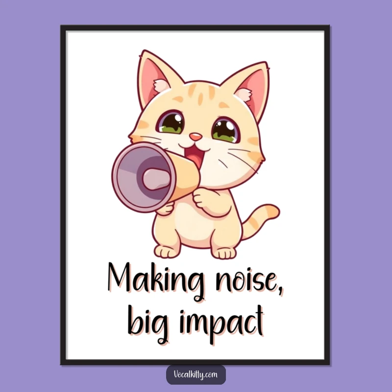 Free Printable Wall Art: Tiny Excited Cat Megaphone Screaming Joyful Vibes for Your Space