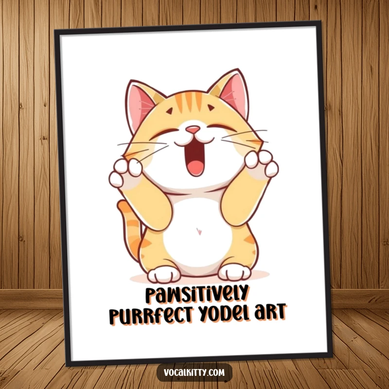 Funny Free Printable Wall Art: A yodeling cat with its paws over its ears, creating a humorous and attention-grabbing piece.