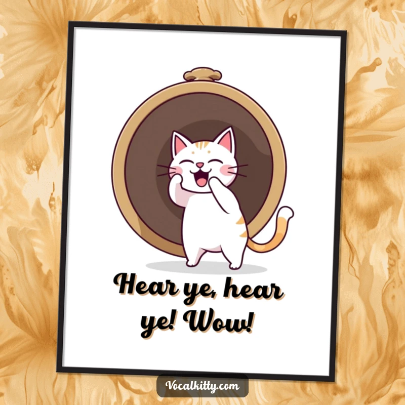 Funny free printable wall art depicting a determined cat furiously ringing an enormous bell, with a large sound boom emanating from it.