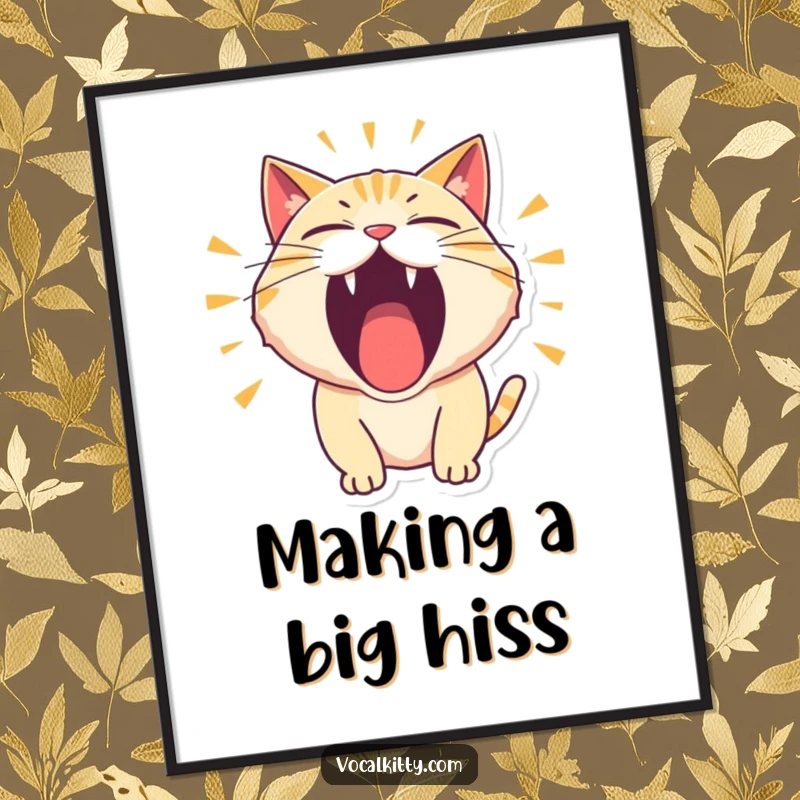 Funny Free Printable Wall Art: A cat with its mouth wide open, letting out a thunderous, comically loud roar.