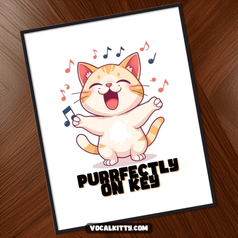 Funny Free Printable Wall Art: A cat passionately belting out a loud, joyful song, with musical notes dancing around.