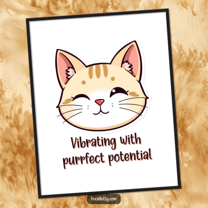 Funny Free Printable Wall Art: A stylized cat head with perked ears and vibrating whiskers, conveying excitement and energy.