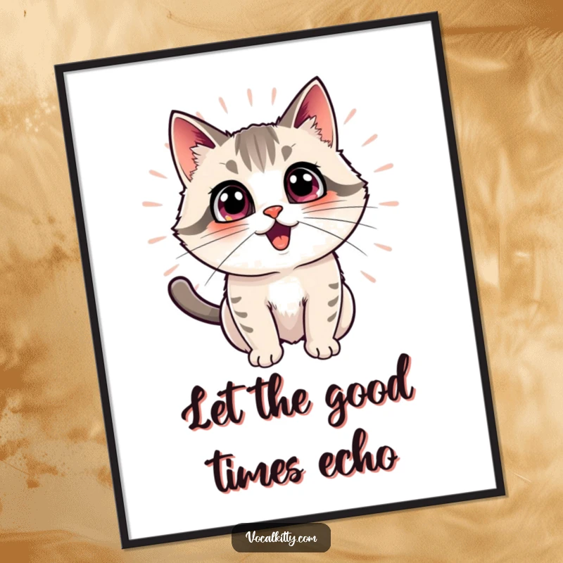 Funny free printable wall art: An energetic cat with a beaming expression, generating outward radiating echo effects in a vibrant display of joy.