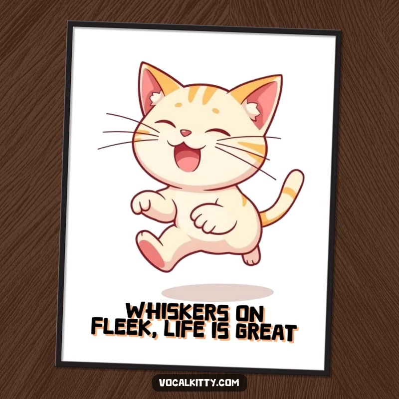 Funny Free Printable Wall Art of a cat character mid-leap, its ridiculously long whiskers creating a whimsical and humorous visual.
