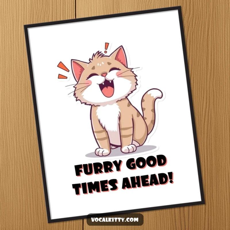 Funny Free Printable Wall Art: A cat with its fur completely on end, emitting a large cartoonish ROAR!, capturing a moment of hilarious intensity.