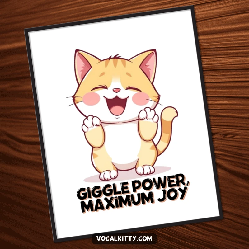 Funny Free Printable Wall Art: Cat giggling heartily, clutching its sides with paws, radiating infectious laughter.
