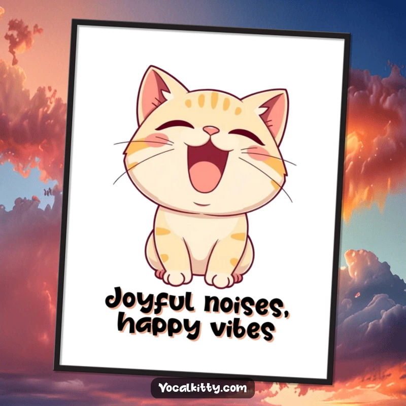 Free Printable Wall Art: A cat character with mouth agape, letting out a high-pitched joyful squeal, humorous downloadable decor.