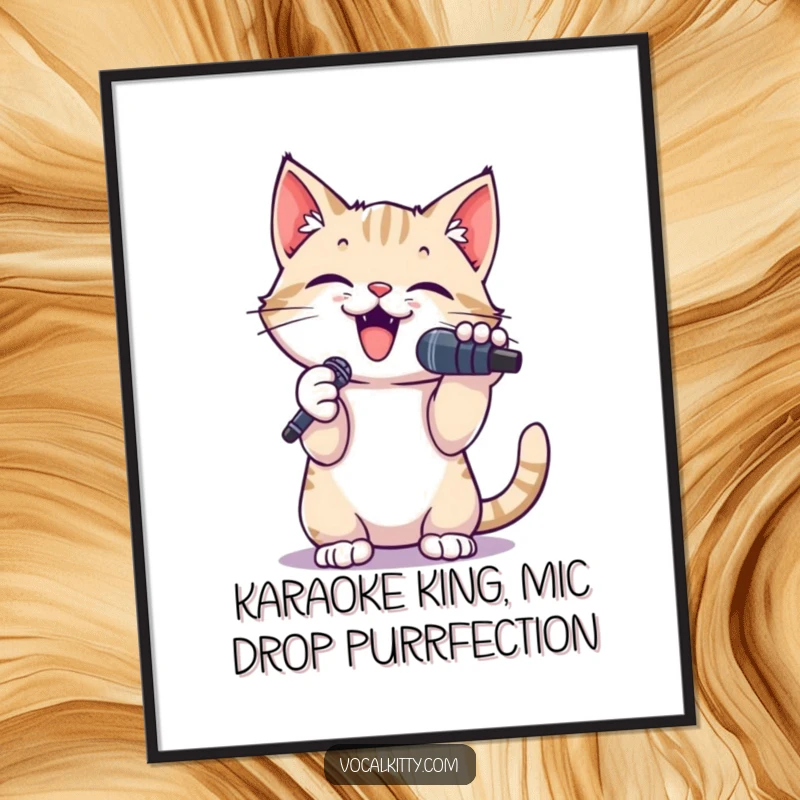 Funny Free Printable Wall Art: A small cat holding a microphone, belting out a song with its paws enthusiastically raised.