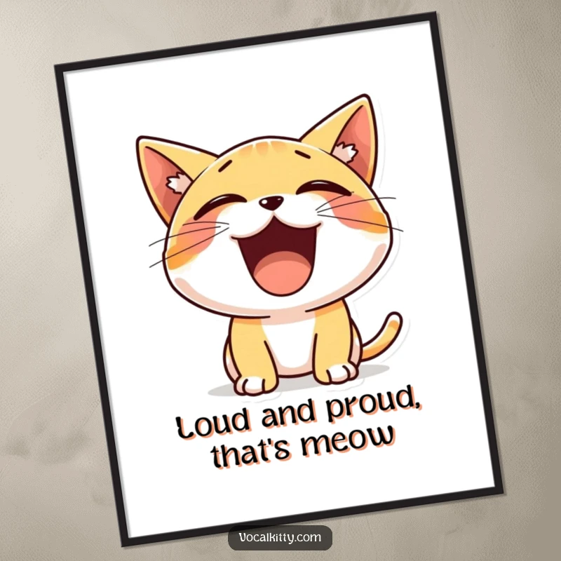 Funny Free Printable Wall Art featuring a tiny cat character with a wide-open mouth yelling cheerfully in a humorous style.