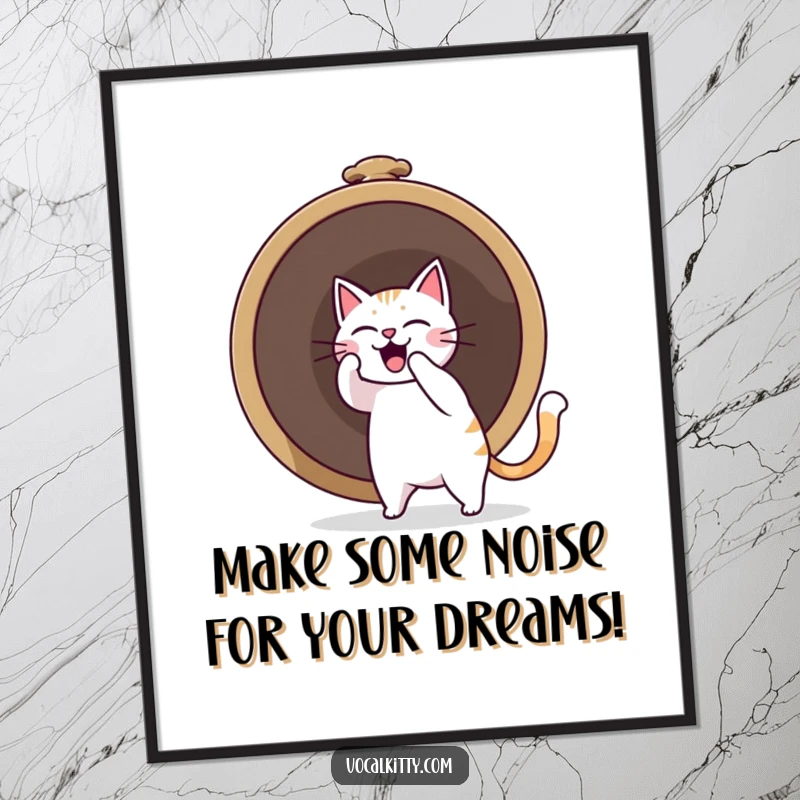 Funny Free Printable cat ringing a giant bell, creating a sound boom, printable wall art