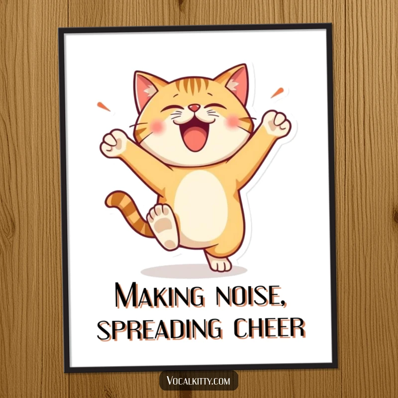 Funny Free Printable Wall Art: Cat stomping its feet with energetic, happy loudness, full of playful spirit.