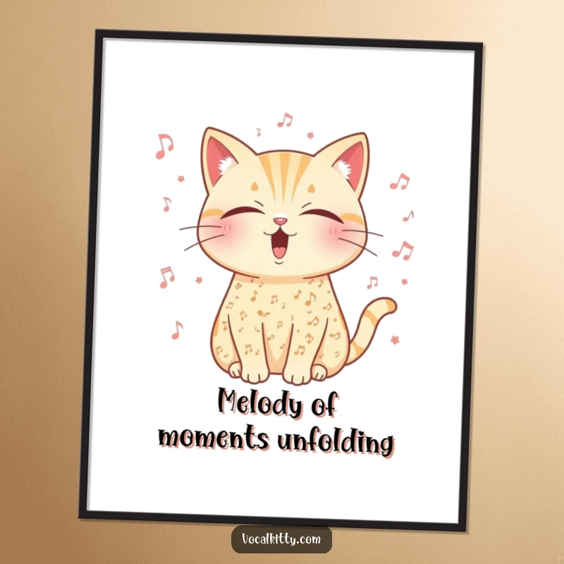 Funny Free Printable Wall Art: A cat completely covered in tiny musical notes, eyes blissfully closed in the throes of powerful vocal exertion.