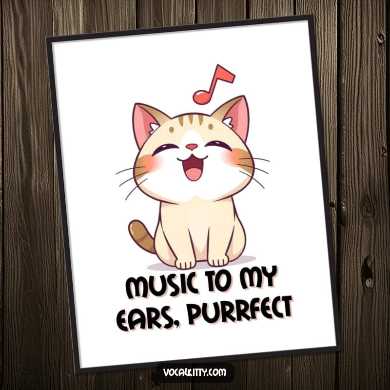 Funny Free Printable Wall Art: An overjoyed cat with a floating musical note, radiating happiness and sweet melodies for your decor.