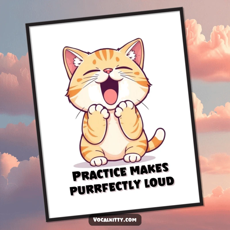 Funny free printable wall art: A determined cat with paws cupped around its mouth, practicing a powerful, booming yell, ready to make an impact.