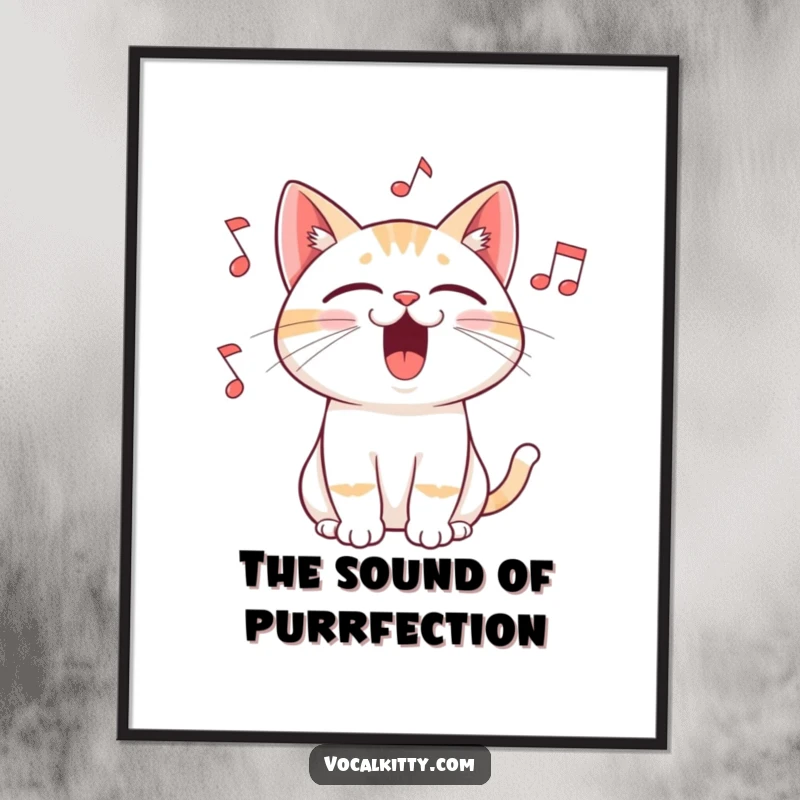 Funny Free Printable Wall Art: A cat passionately singing with its mouth wide open, surrounded by joyful, flowing musical notes.