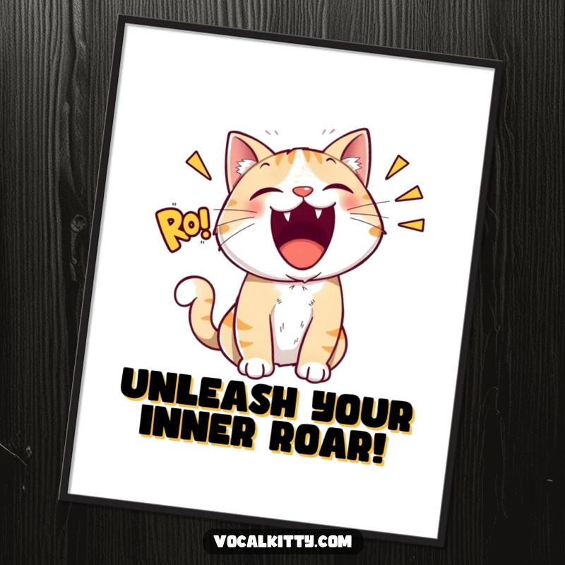 Funny Free Printable cat roaring wall art with exaggerated sound effects.