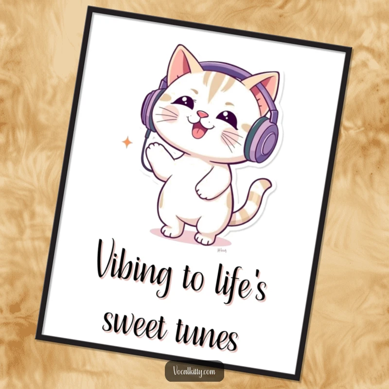 Funny Free Printable Wall Art of a cat character wearing oversized headphones, rocking out and bouncing to loud music, full of energy.