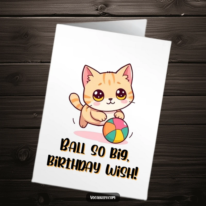 Funny Free Printable Birthday Card featuring a round, wide-eyed cat in hot pursuit of a vibrant ball, ready to celebrate.