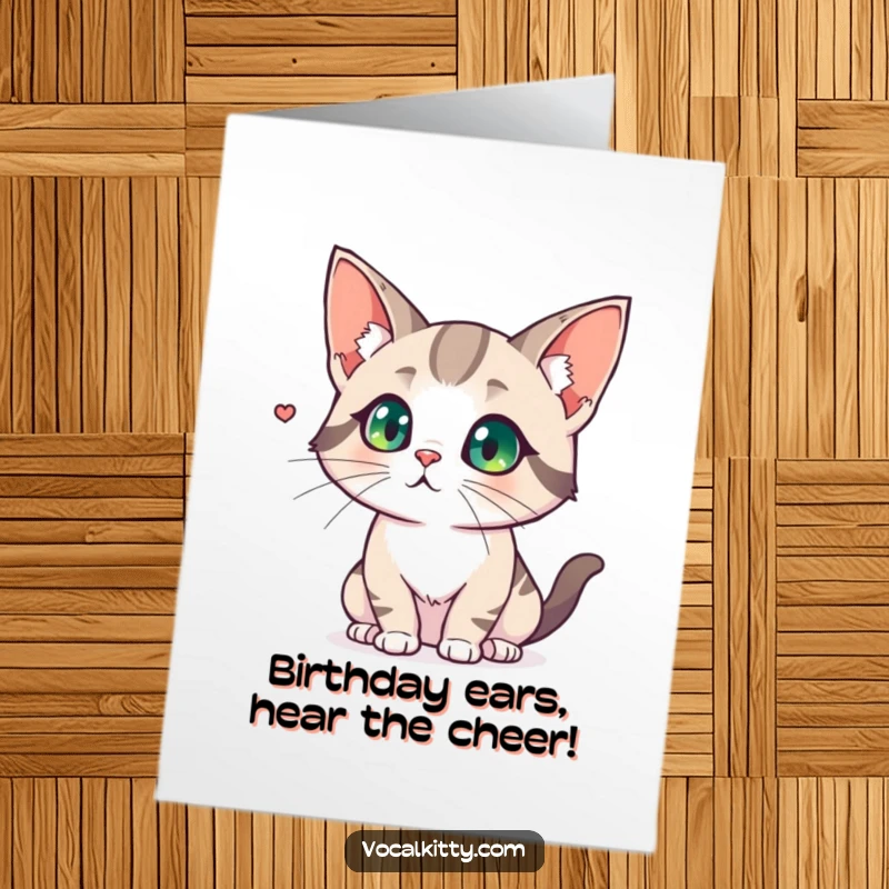 Funny Free Printable Birthday Card: Cat with enormous ears intensely focused on a sound. A quirky downloadable gift.
