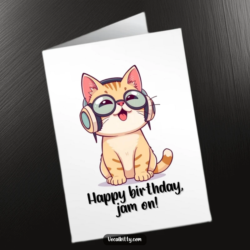Funny Free Printable Birthday Card: Cat wearing oversized headphones, bobbing head to music. A rhythmic downloadable gift.