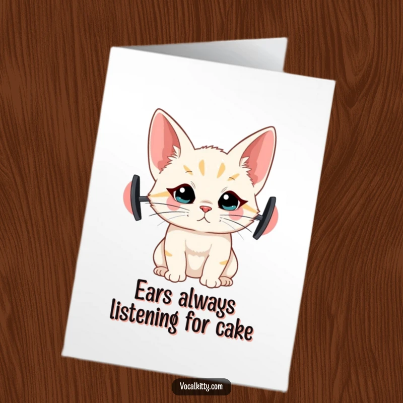 Funny Free Printable Birthday Card: Cat with enormous ears listening intently, exuding curiosity and humor, a perfect DIY gift.
