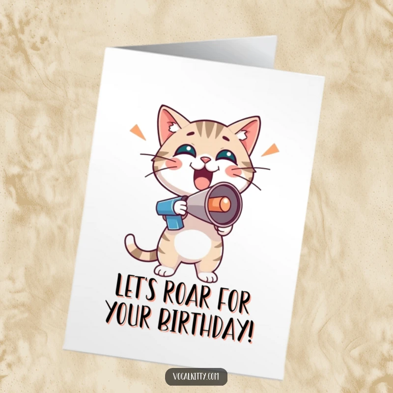 Funny Free Printable Birthday Card: Cat character with a tiny megaphone, shouting birthday wishes with maximum enthusiasm.