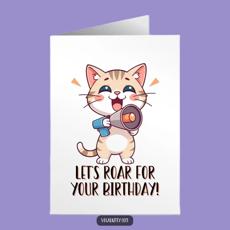 Free Printable Birthday Card: Enthusiastic Cat Megaphone Greeting, Funny Downloadable Gift