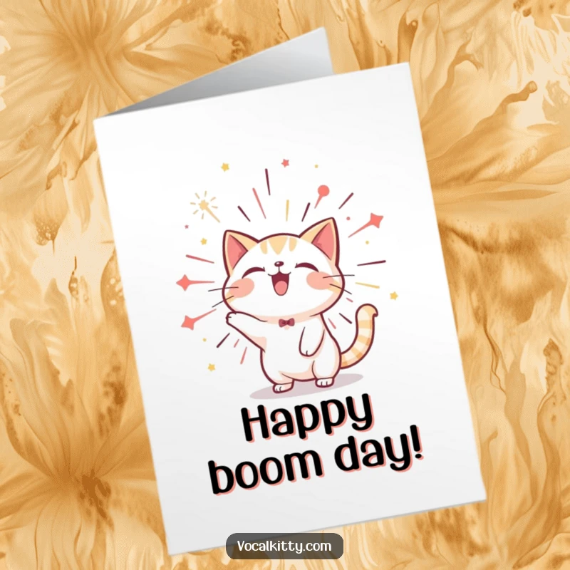 Funny Free Printable Birthday Card: Cat Exploding with Joy Like a Colorful Firework, Festive and Energetic