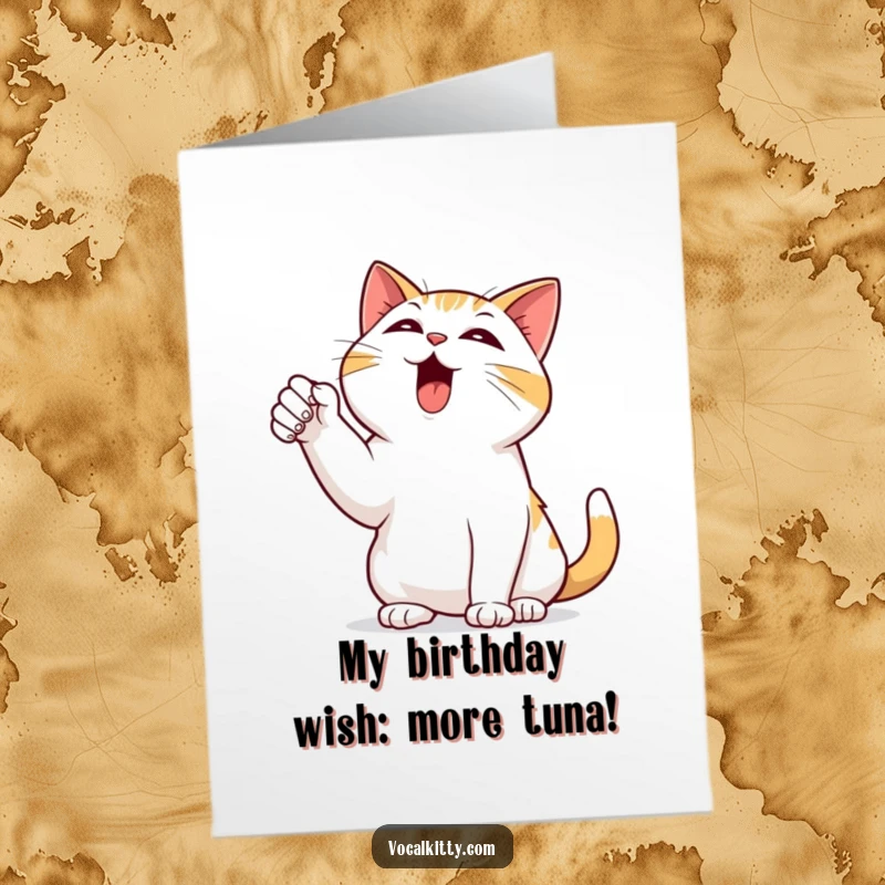 Funny Free Printable Birthday Card showing a cat dramatically pointing to the sky and bellowing with joy.
