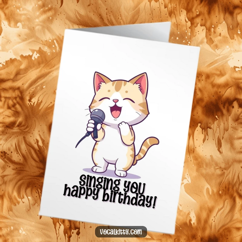 Funny Free Printable Birthday Card: Cat in a dynamic karaoke pose, gripping a microphone enthusiastically, ready to sing happy birthday, a fun gift.