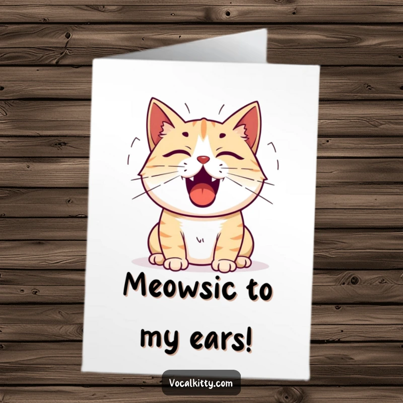 Funny Free Printable Birthday Card: Cat with mouth wide open, vocalizing loudly with sound waves.