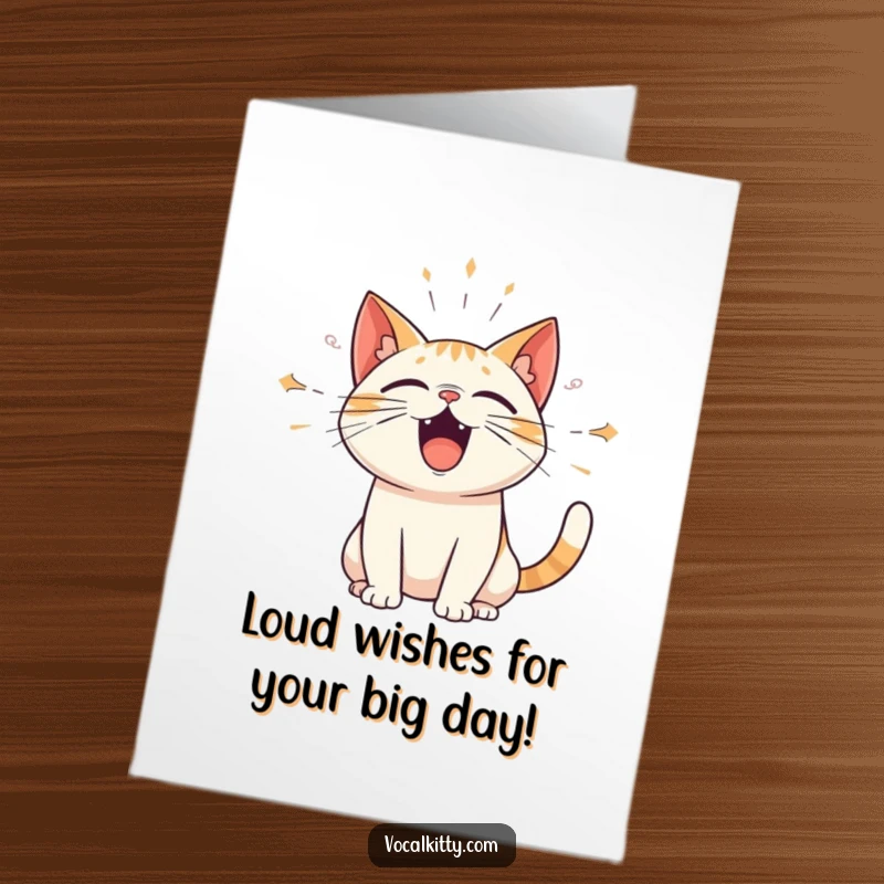 Funny Free Printable Birthday Card: A cat unleashing amplified sound waves from its open mouth, shouting birthday wishes loudly.