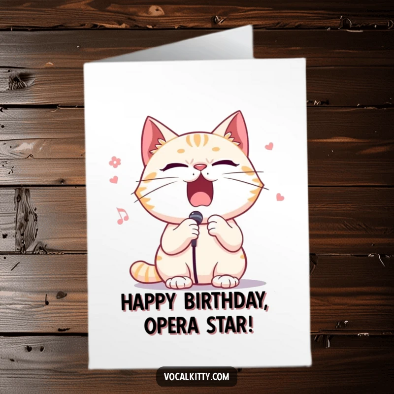 Funny Free Printable Birthday Card showcasing a cat character dramatically singing opera with exaggerated flair and a powerful voice.