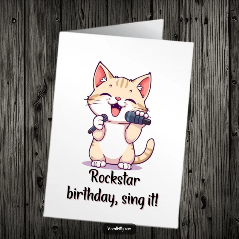 Funny Free Printable Birthday Card: Small cat holding a microphone, belting a tune with paws raised high in a rockstar pose.
