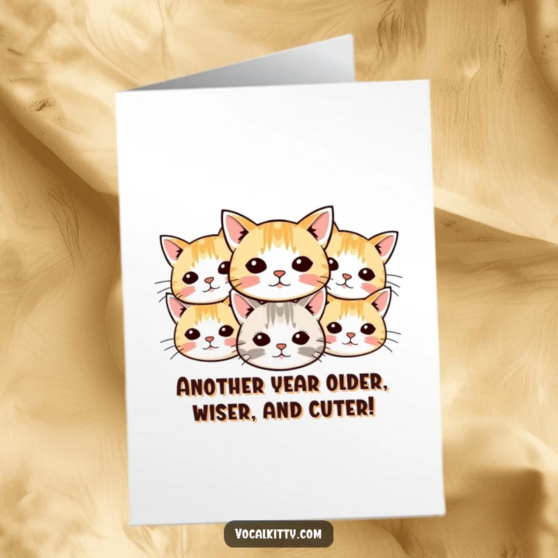 Funny Free Printable Birthday Card featuring multiple small cat heads with whiskers radiating like a cheerful explosion, sending birthday wishes.