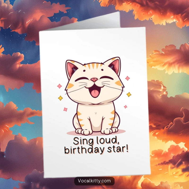 Free Printable Birthday Card: A happy cat with vibrating vocal cords, emitting a joyous sound, a delightful digital download.