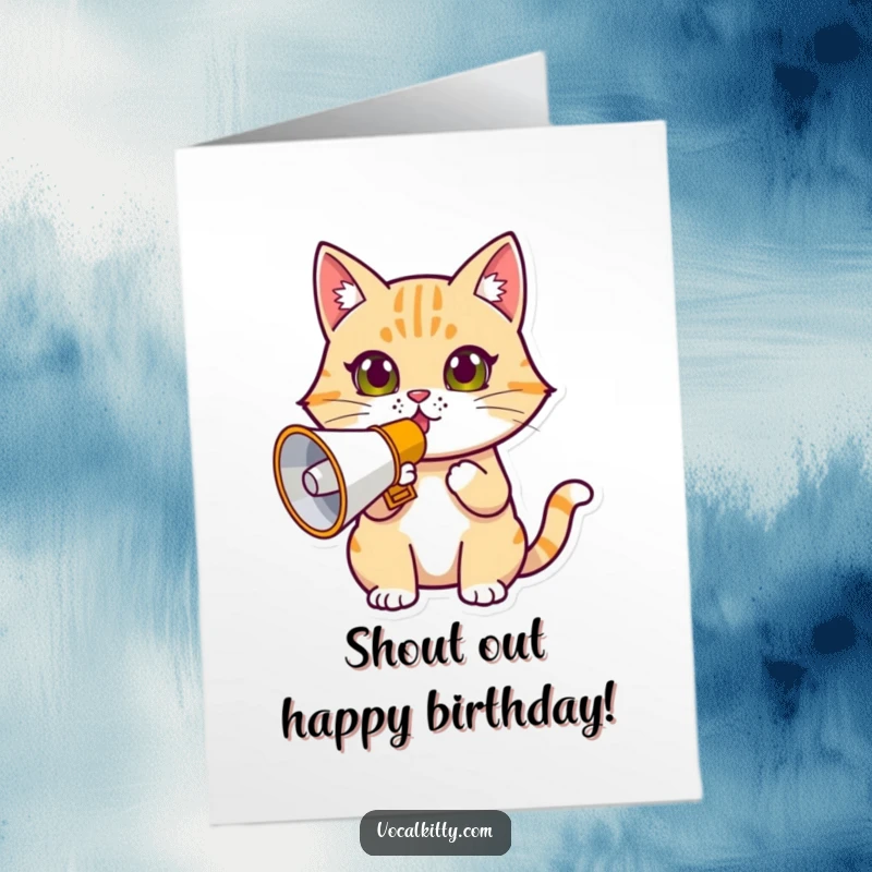 Funny Free Printable Birthday Card: A very determined cat shouting into a megaphone, making a loud and clear birthday declaration.